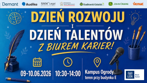 Grafika promuje „Dzień Rozwoju i Dzień Talentów z Biurem Karier”; na niebieskim tle z ilustracjami pióra, mikrofonu i pędzli podano termin 9–10 czerwca 2026, godz. 10.30–14.00, oraz miejsce: Kampus Ogrody, teren przy budynku E.