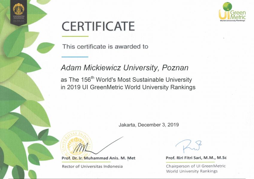 Certyfikat uzyskany w zielonym rankingu
