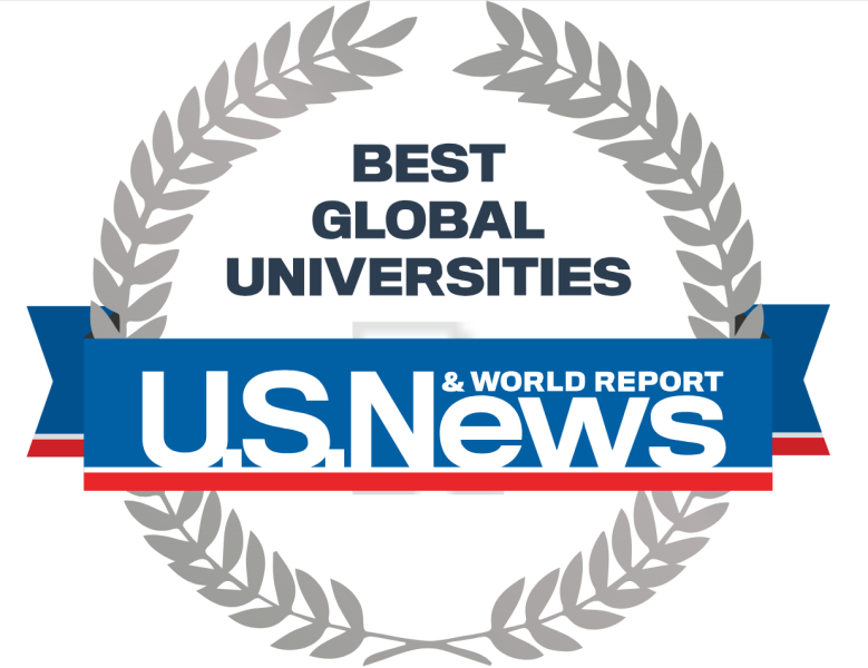 U.S. News & World Report badge featuring a laurel wreath and a blue ribbon banner with the text 'BEST GLOBAL UNIVERSITIES' above 'U.S. News & World Report' logo in white, blue, and red, indicating a ranking or recognition of top international universities
