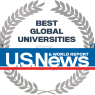 U.S. News & World Report badge featuring a laurel wreath and a blue ribbon banner with the text 'BEST GLOBAL UNIVERSITIES' above 'U.S. News & World Report' logo in white, blue, and red, indicating a ranking or recognition of top international universities