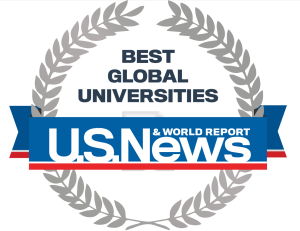 U.S. News & World Report badge featuring a laurel wreath and a blue ribbon banner with the text 'BEST GLOBAL UNIVERSITIES' above 'U.S. News & World Report' logo in white, blue, and red, indicating a ranking or recognition of top international universities