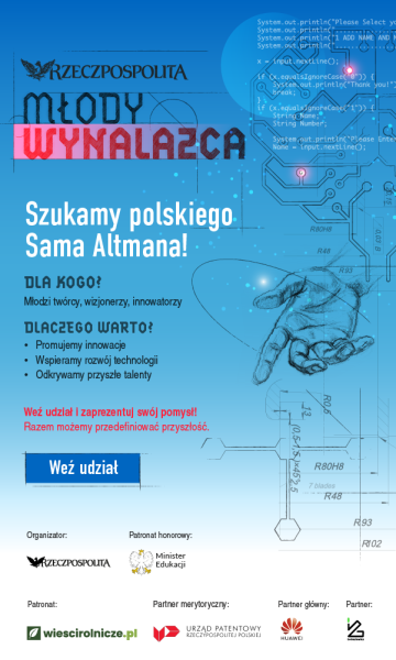 Plakat konkursu „Młody Wynalazca” organizowanego przez „Rzeczpospolitą” pod hasłem „Szukamy polskiego Sama Altmana!”