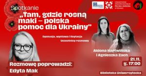 Plakat spotkania „Tam, gdzie rosną maki – polska pomoc dla Ukrainy”, 21 listopada 2025, Biblioteka Uniwersytecka.