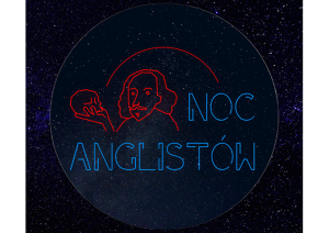 Neon-style illustration of William Shakespeare holding a skull, set against a starry night sky, with the Polish event title ‘Noc Anglistów’ displayed in glowing blue and red letters.