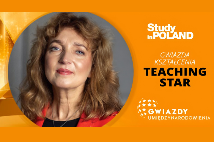Portret prof. Magdaleny Wrembel na pomarańczowym tle z napisem „Study in Poland. Gwiazda kształcenia – Teaching Star” oraz logo „Gwiazdy umiędzynarodowienia”