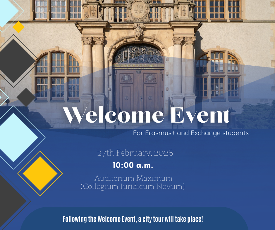 Welcome Event for Erasmus+ and exchange students on February 27, 2026 at 10:00 a.m. in Auditorium Maximum (Collegium Iuridicum Novum), featuring historic university building entrance background and announcement of a city tour after the event.
