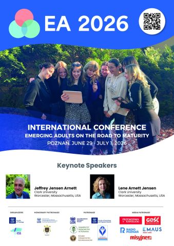 Plakat konferencji EA 2026 z nagłówkiem „International Conference: Emerging Adults on the Road to Maturity”, która odbędzie się w Poznaniu w dniach 29 czerwca – 1 lipca 2026 r. Na grafice grupa młodych osób stojących na zewnątrz i oglądających tablet. Wymienieni keynote speakers: Jeffrey Jensen Arnett i Lene Arnett Jensen (Clark University, USA). Widoczne logotypy organizatorów i patronów oraz kod QR.