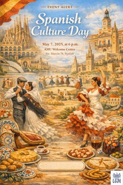 Poster for “Spanish Culture Day” featuring a richly illustrated scene with iconic Spanish architecture, including cathedral towers and historic buildings. In the foreground, a flamenco dancer in a red-and-white dress performs, while a couple in traditional attire dances nearby. A group of people dances in a circle in the background. The bottom of the image shows Spanish food such as tapas, tortilla, churros, olives, and drinks. Event details: May 7, 2025, at 6 p.m., AMU Welcome Centre, Św. Marcin 78, Poznań