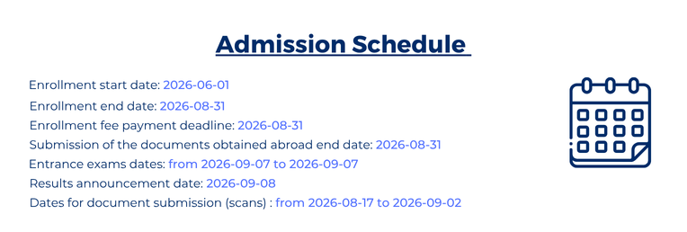 Admission schedule with key dates for enrolment, fee payment, document submission, entrance exam and results; calendar icon on the right