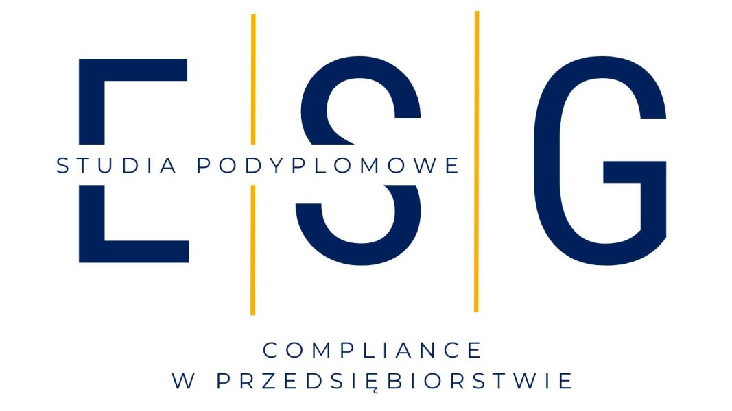 Minimalistyczna grafika promująca studia podyplomowe ESG z zakresu compliance w przedsiębiorstwie, z dużymi granatowymi literami „E”, „S” i „G” rozdzielonymi złotymi liniami na jasnym tle.