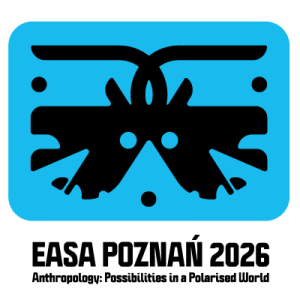 Stylized black inkblot centered on a bright blue background. The symmetrical shape resembles two mirrored abstract forms, similar to a Rorschach test pattern. The design is bold and high‑contrast, with no text or additional elements.