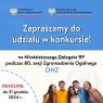 Plakat konkursowy zapraszający do udziału w naborze. U góry widnieją logotypy Ministerstwa Spraw Zagranicznych oraz Ministra do spraw Społeczeństwa Obywatelskiego. Pod spodem napis 'Zapraszamy do udziału w konkursie! na Młodzieżowego Delegata RP podczas 80. sesji Zgromadzenia Ogólnego ONZ'. W lewym dolnym rogu napis 'DEADLINE: do 31 grudnia 2024 r.'. Na dole grafiki zdjęcie grupy młodych, uśmiechniętych osób.