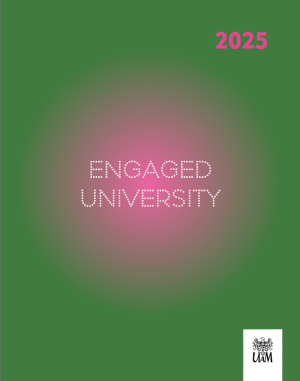 Green poster with a glowing pink circular gradient in the center. White dotted text in English reads Engaged University”. At the top right, the year 2025 appears in bold pink font. At the bottom right, the black eagle crest logo of AMU is displayed.