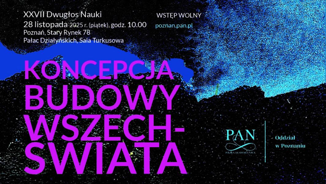„Plakat wydarzenia „Koncepcja budowy wszechświata” – XXVII Dwugłos Nauki, 28 listopada 2025, Pałac Działyńskich w Poznaniu; abstrakcyjne niebiesko-czarne tło oraz duży różowy tytuł wydarzenia.”