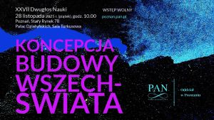 „Plakat wydarzenia „Koncepcja budowy wszechświata” – XXVII Dwugłos Nauki, 28 listopada 2025, Pałac Działyńskich w Poznaniu; abstrakcyjne niebiesko-czarne tło oraz duży różowy tytuł wydarzenia.”