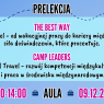 Grafika z informacją o prelekcjach podczas „Dnia z Biurem Karier”: „Prelekcja” – firmy The Best Way („Work and Travel – od wakacyjnej pracy do kariery międzynarodowej – siła doświadczenia, które procentuje”) oraz Camp Leaders („Work and Travel – rozwój kompetencji międzykulturowych i praca w środowisku międzynarodowym”); termin 09.12.2025, godz. 13:00–14:00, aula; w tle motyw podróży z przerywaną linią i ikoną samolotu.