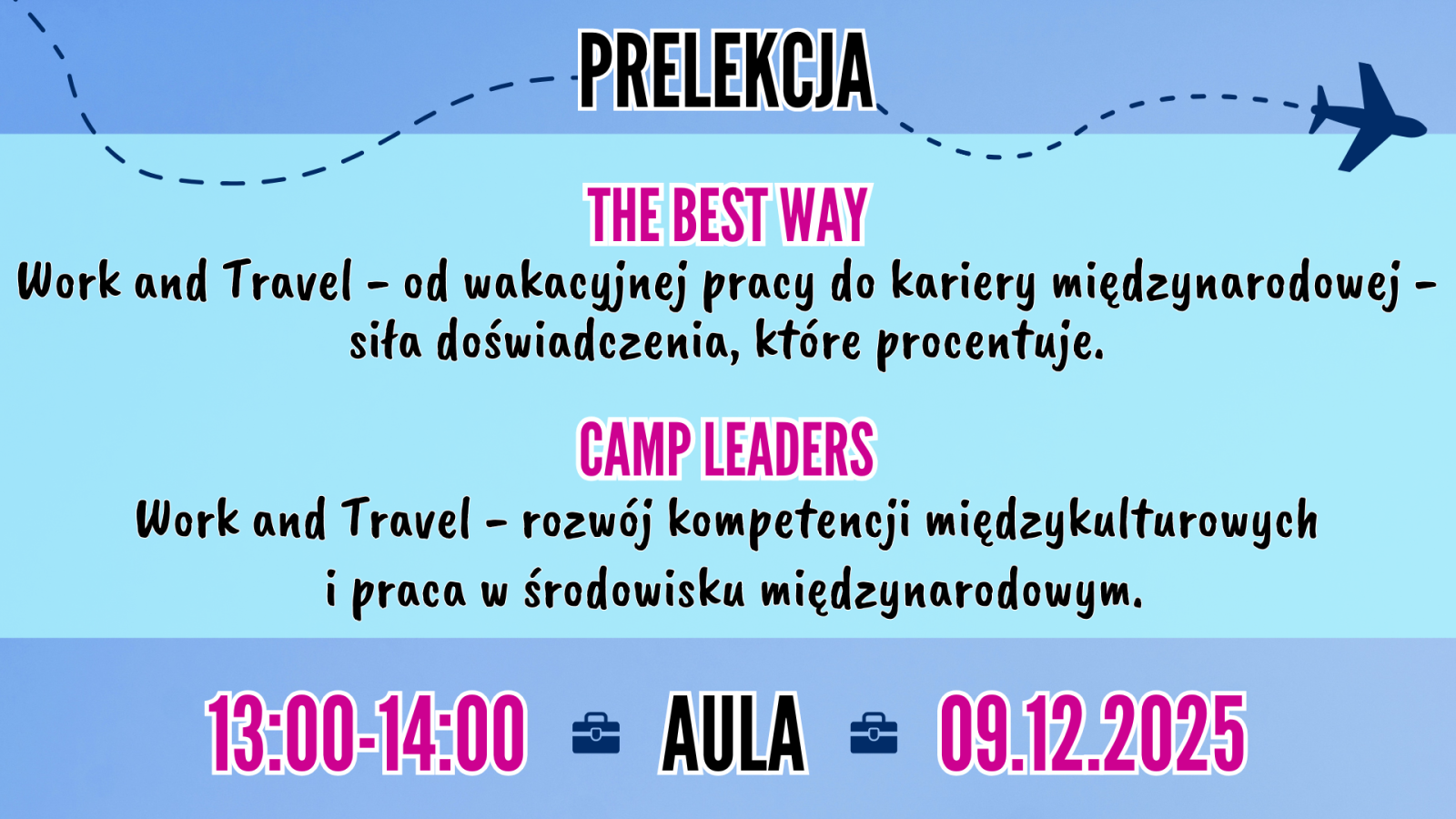 Grafika z informacją o prelekcjach podczas „Dnia z Biurem Karier”: „Prelekcja” – firmy The Best Way („Work and Travel – od wakacyjnej pracy do kariery międzynarodowej – siła doświadczenia, które procentuje”) oraz Camp Leaders („Work and Travel – rozwój kompetencji międzykulturowych i praca w środowisku międzynarodowym”); termin 09.12.2025, godz. 13:00–14:00, aula; w tle motyw podróży z przerywaną linią i ikoną samolotu.