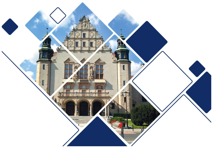 Fasada Collegium Minus Uniwersytetu im. Adama Mickiewicza w Poznaniu, przedstawiona w nowoczesnej, geometrycznej kompozycji graficznej.