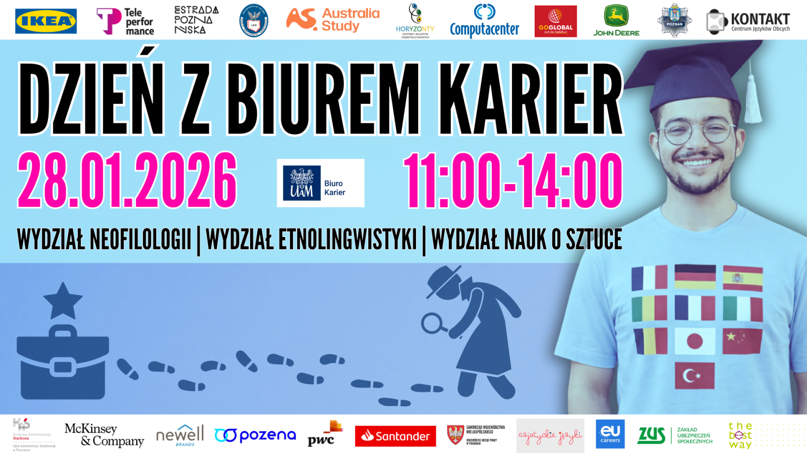 Plakat wydarzenia „Dzień z Biurem Karier” na UAM – 28 stycznia 2026, godz. 11:00–14:00, z udziałem wydziałów neofilologii, etnolingwistyki i nauk o sztuce; po prawej uśmiechnięty absolwent w birecie.