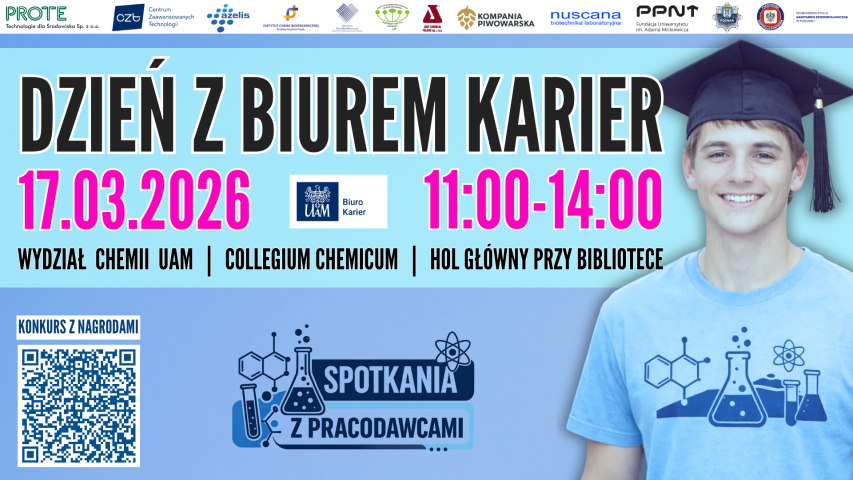 Plakat wydarzenia „Dzień z Biurem Karier” z datą 17.03.2026, godziną 11.00–14.00 i miejscem: Collegium Chemicum UAM.