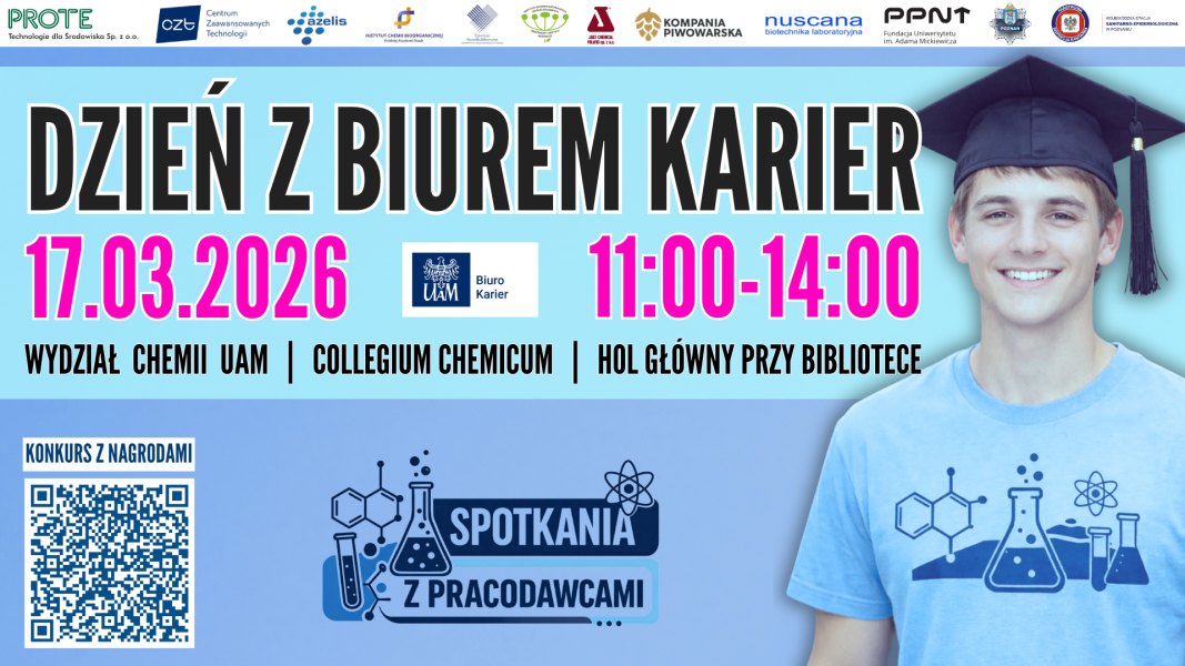 Plakat wydarzenia „Dzień z Biurem Karier” z datą 17.03.2026, godziną 11.00–14.00 i miejscem: Collegium Chemicum UAM.