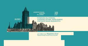 Grafika promująca Uniwersyteckie Wykłady na Zamku z zapowiedzią wystąpienia Magdaleny Graf 14 kwietnia 2026 o godz. 18 pod tytułem „W Poznaniu, dla Poznania, o Poznaniu. Historia, współczesność i przyszłość badań nazewniczych”.