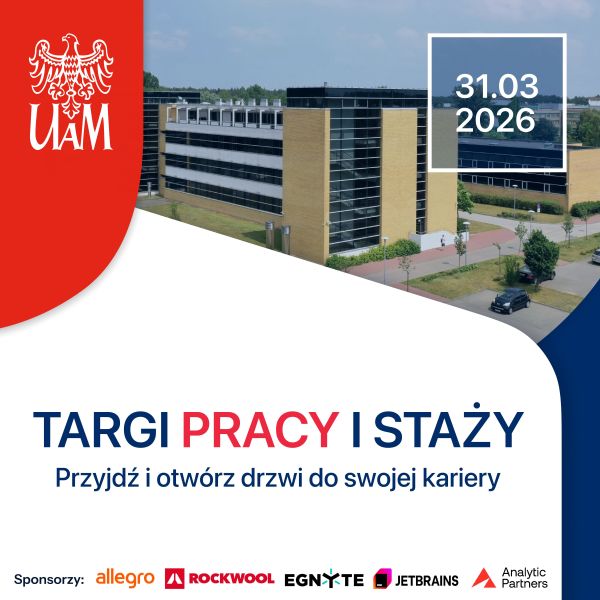 Grafika promująca Targi Pracy i Staży UAM, które odbędą się 31 marca 2026, z hasłem „Przyjdź i otwórz drzwi do swojej kariery”.