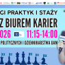 Plakat wydarzenia „XIII Targi Praktyk i Staży – Dzień z Biurem Karier”, które odbędzie się 22 kwietnia 2026 w godz. 11.15–14.00 na Wydziale Nauk Politycznych i Dziennikarstwa UAM. Na grafice widoczna jest uśmiechnięta absolwentka w birecie, trzymająca mikrofon.