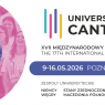 Plakat XVII Międzynarodowego Festiwalu Universitas Cantat zapowiada wydarzenie w Poznaniu w dniach 9–16 maja 2026, z fotografią uczestników chóru i listą krajów zespołów uniwersyteckich.