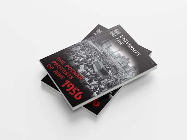 Two stacked publications lie on a white surface. The top cover shows a black‑and‑white photograph of a large crowd gathered in a city square with historic buildings in the background. The title on the cover reads “THE POZNAN PROTESTS OF JUNE 1956” in bold red letters. At the top, the magazine header “UNIVERSITY LIFE” appears in white, along with the AMU crest.