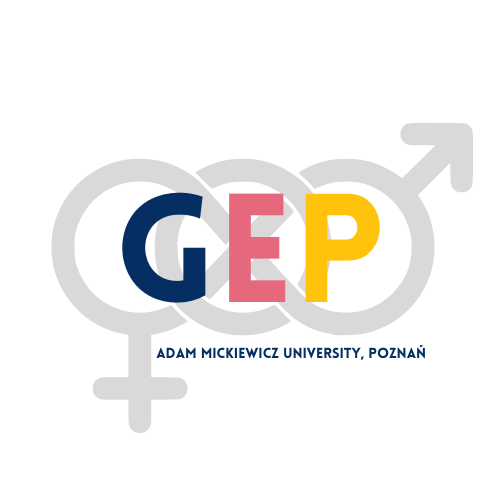 The graphic depicts the letters G,E,P, in blue, pink and yellow respectively, which are the adopted logo for the AMU Gender Equality Plan. 