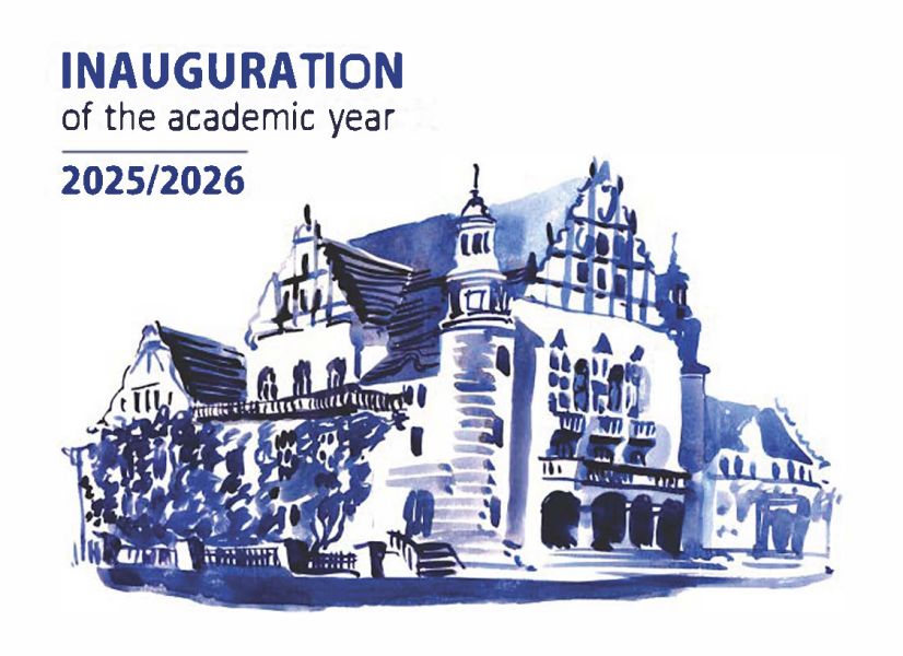 In the upper left corner, the inscription “Inauguration of the Academic Year 2025/2026”. On the right, a drawing of the Collegium Minus building.