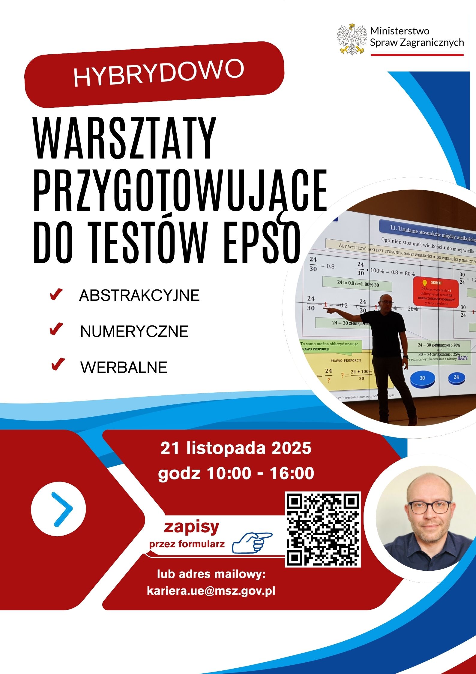 Plakat warsztatów przygotowujących do testów EPSO, 21 listopada 2025 r., organizowanych przez Ministerstwo Spraw Zagranicznych.