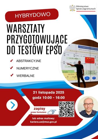 Plakat warsztatów przygotowujących do testów EPSO, 21 listopada 2025 r., organizowanych przez Ministerstwo Spraw Zagranicznych.