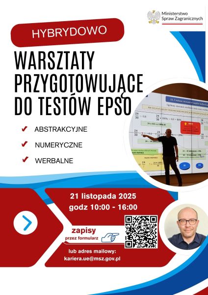Plakat warsztatów przygotowujących do testów EPSO, 21 listopada 2025 r., organizowanych przez Ministerstwo Spraw Zagranicznych.