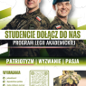 Plakat informacyjny Centralnego Wojskowego Centrum Rekrutacji zachęcający studentów do dołączenia do Programu Legii Akademickiej. W górnej części znajdują się dwie osoby w mundurach wojskowych, uśmiechnięte, stojące bokiem do siebie. Poniżej duży napis „Studencie, dołącz do nas – Program Legii Akademickiej”. Hasła: „Patriotyzm | Wyzwanie | Pasja”. W dalszej części wykaz wymagań oraz kod QR prowadzący do rekrutacji. Po prawej stronie zdjęcie żołnierza w hełmie maskowanym liśćmi.
