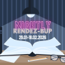 Stylized poster for “Nightly Rendez-BUP,” a reading-themed event held from January 29 to February 18, 2026. The scene shows an open book on a desk lit by a hanging lamp, surrounded by dark bookshelves. Eyeglasses and a pen rest nearby, with blue-striped wallpaper in the background.