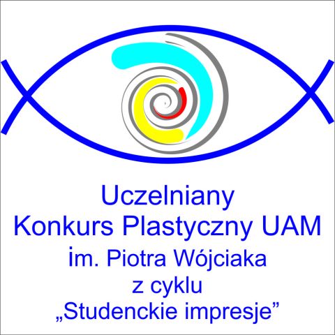 Logo Uczelnianego Konkursu Plastycznego UAM im. Piotra Wójciaka z cyklu „Studenckie impresje”, z motywem stylizowanego oka i spiralą w środku.