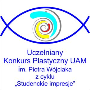 Logo Uczelnianego Konkursu Plastycznego UAM im. Piotra Wójciaka z cyklu „Studenckie impresje”, z motywem stylizowanego oka i spiralą w środku.