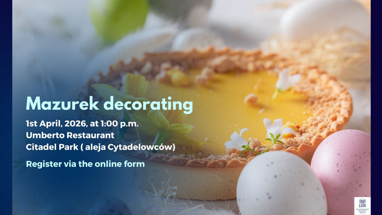Mazurek decorating workshop at Umberto Restaurant in Citadel Park, Poznań, on April 1, 2026, featuring traditional Polish Easter cake with colorful eggs.