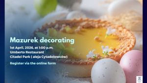 Mazurek decorating workshop at Umberto Restaurant in Citadel Park, Poznań, on April 1, 2026, featuring traditional Polish Easter cake with colorful eggs.