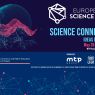 Promotional banner for the European Science Fair with a dark blue background and abstract digital graphics of a globe and network connections. The text reads “Science Connects, Ideas Develop,” with event dates May 26–29, 2026, at MTP Poznan Expo, Pavilion 5. Logos of organizers and partners, including Adam Mickiewicz University and the Ministry of Science and Higher Education of Poland, are displayed