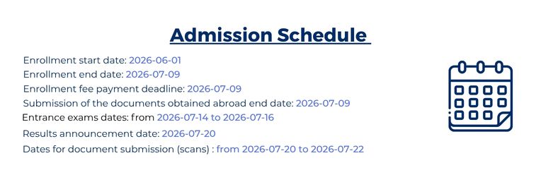 Admission schedule with key dates for enrolment, fee payment, document submission, entrance exam and results; calendar icon on the right
