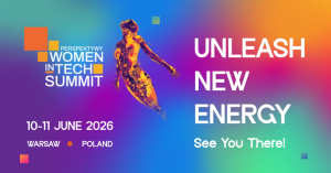 The poster for the Perspektywy Women in Tech Summit announces the ‘Unleash New Energy’ event in Warsaw, 10–11 June 2026, against a multicoloured gradient background featuring a futuristic silhouette of a woman.