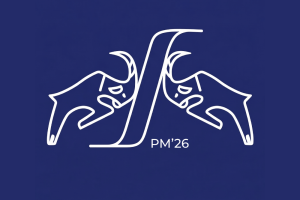 A navy blue board featuring a white, linear PM’26 logo depicting two stylised ram profiles on either side of a decorative letter.