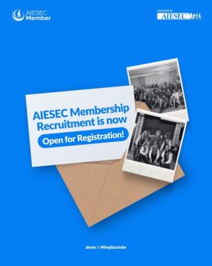 Blue recruitment poster of AIESEC with two black and white photos of people, envelope and text: AIESEC membership recruitment is now open!