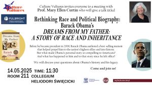 A poster for a discussion with Prof. Mary Ellen Curtin on Barack Obama's book Dreams from My Father. The event, hosted by Culture Vultures, will take place on May 14, 2025, at 11:30 AM in Room 211, Collegium Heliodori Święcicki, UAM. The poster features the book cover and an image of Obama.