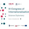 Poster for the III Congress of Internationalisation: Science Diplomacy, held in Poznań on 4–5 December 2025. The design features a white background with a network of red and dark teal circles connected by lines, symbolizing collaboration and global links. Logos of NAWA (Polish National Agency for Academic Exchange) and Adam Mickiewicz University appear at the top, with EU and Polish funding logos at the bottom