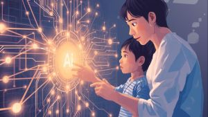Ilustracja pokazująca osobę dorosłą i dziecko dotykające świecącego symbolu „AI”.