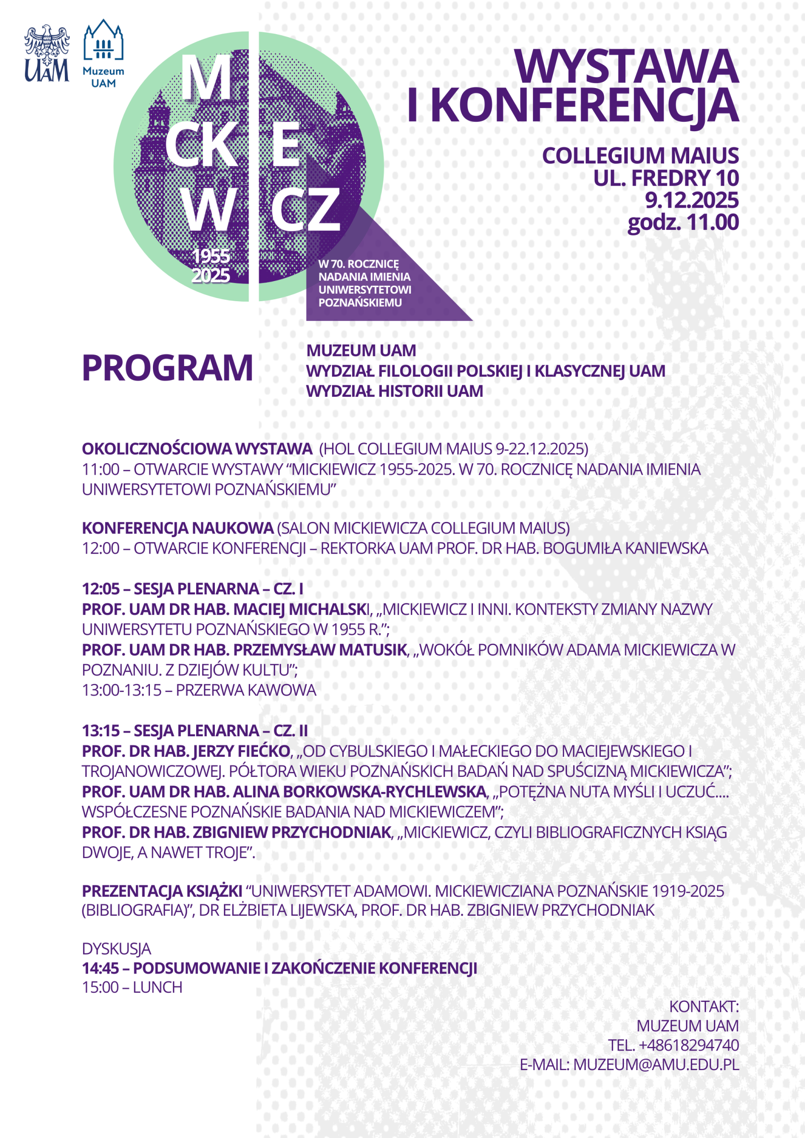 Program wydarzenia „Mickiewicz 1955–2025. W 70. rocznicę nadania imienia Uniwersytetowi Poznańskiemu”